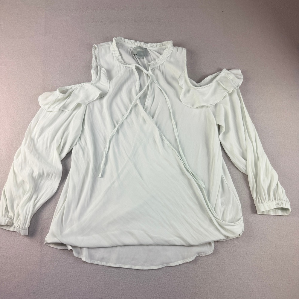Maeve Anthropologie Mint Green Cold Shoulder Ruffle Wrap Top Long Sleeve Medium